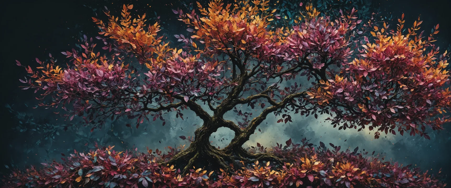 AI-generated autumn tree in a misty forest
